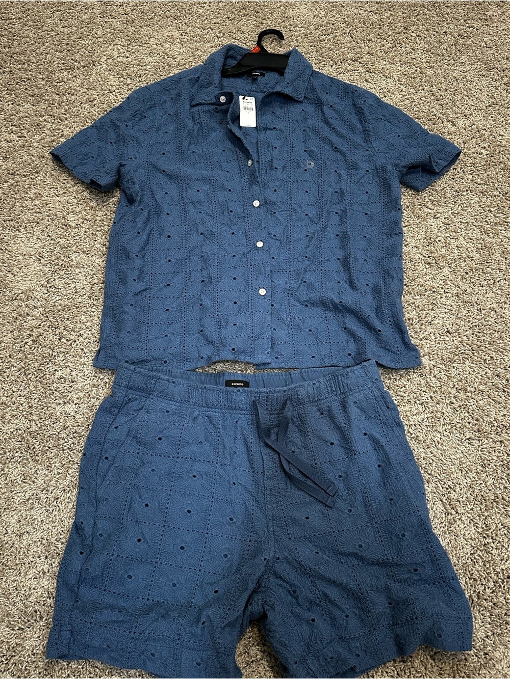 Express Blue Floral Crochet Knit Summer Shirt and Shorts Set NWT - M